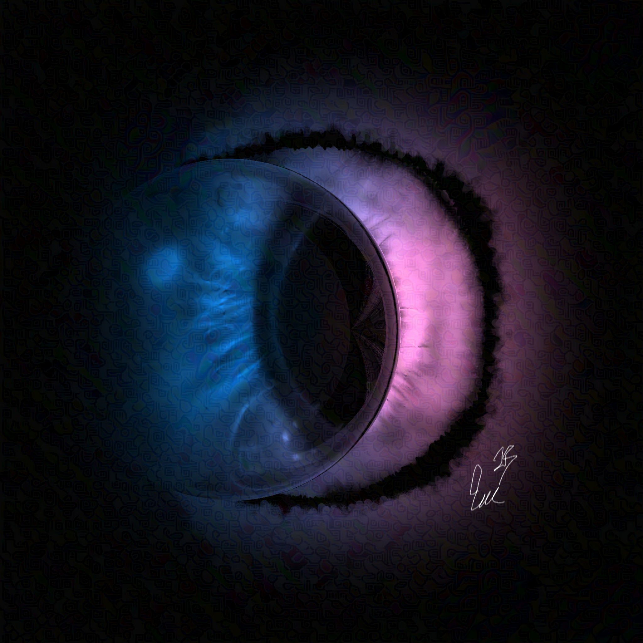 Art by  Tas. It is a close up of an iris. It is multi colored with hues of purple and blue.