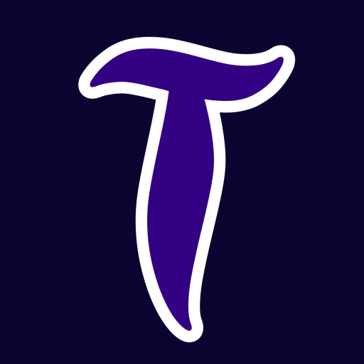 Tas The Artist logo. A purple fancy T with a deep blue background.
